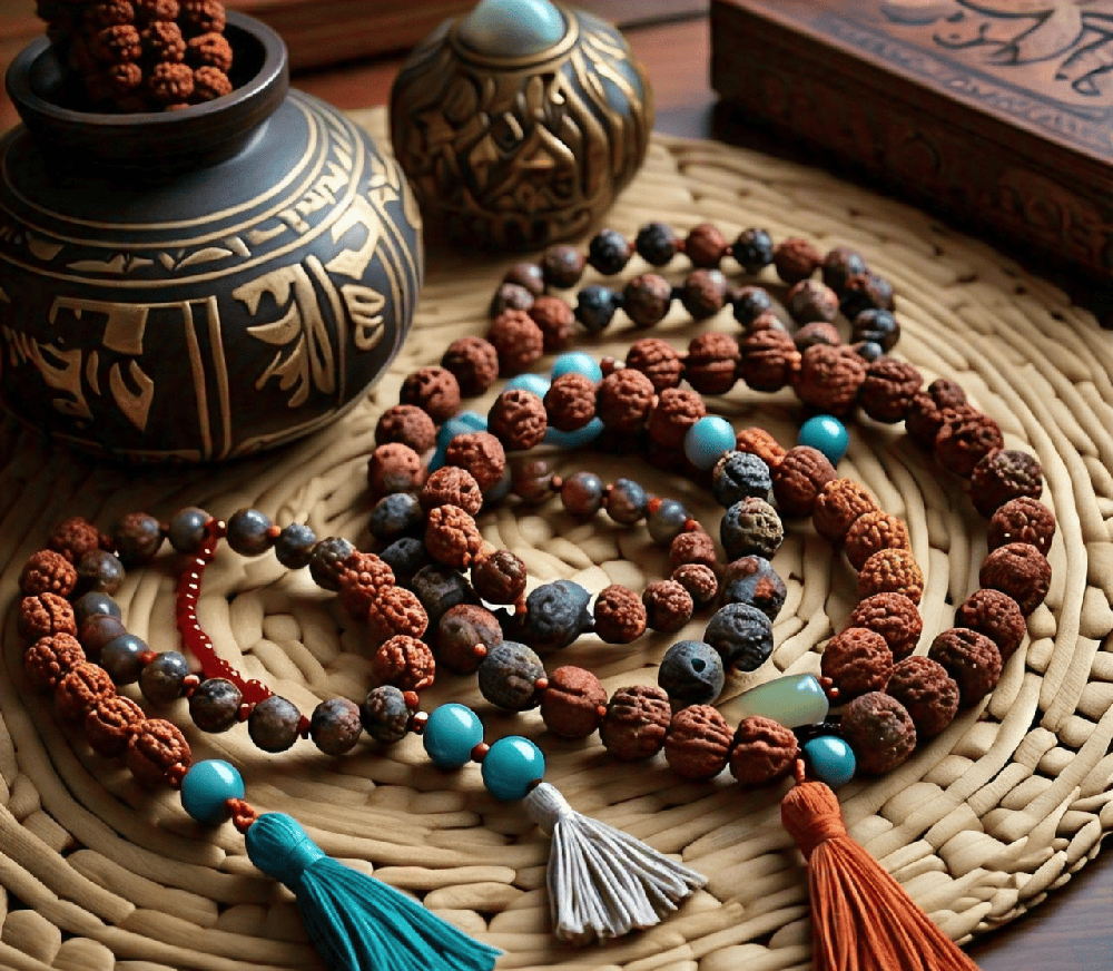 A collection of Rudraksha meditation tools, such as malas, bracelets, and decorative items, showcasing the variety of options available for incorporating these sacred beads into one's practice